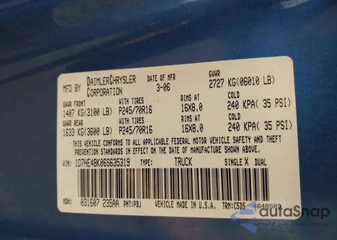2006 Dodge Dakota Slt z USA, uszkodzony, nr VIN 1D7HE48K06S635319